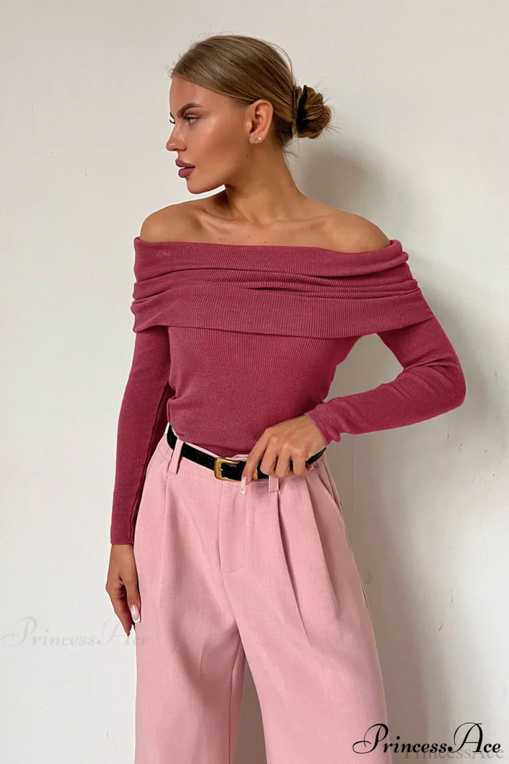 Sheer Off-Shoulder Fitted Solid Pullover Knit Top - Image 9