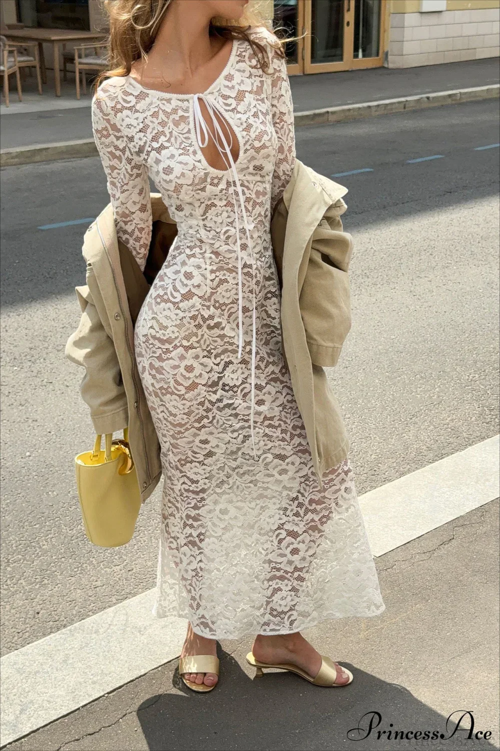Sheer Round Neck Lace Long Sleeve Elegant Maxi Dress - Image 2
