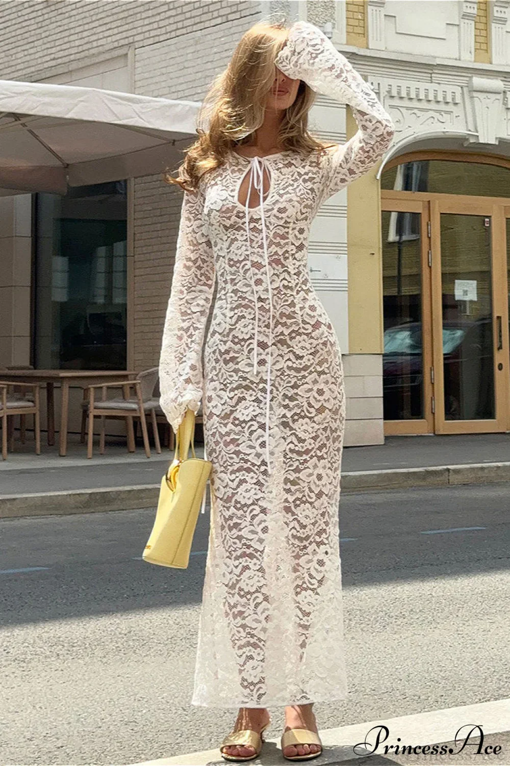 Sheer Round Neck Lace Long Sleeve Elegant Maxi Dress - Image 3
