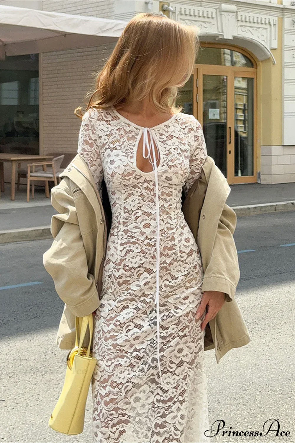 Sheer Round Neck Lace Long Sleeve Elegant Maxi Dress - Image 4