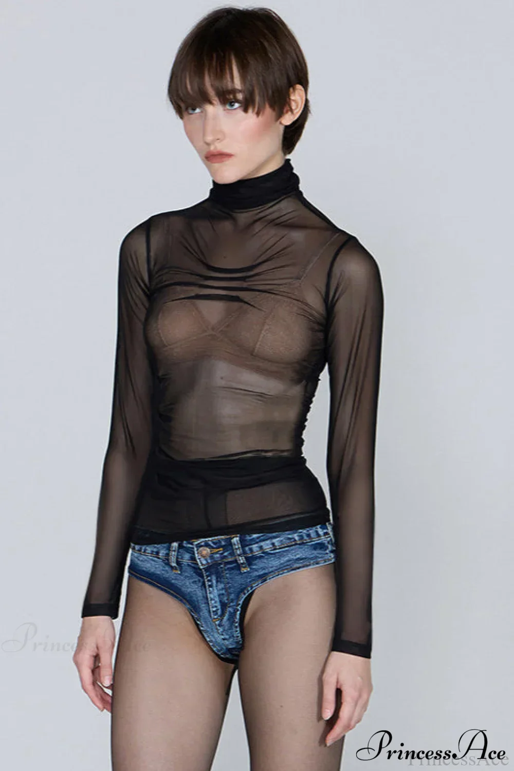 Sheer Solid Turtleneck Long Sleeve Tee - Image 2