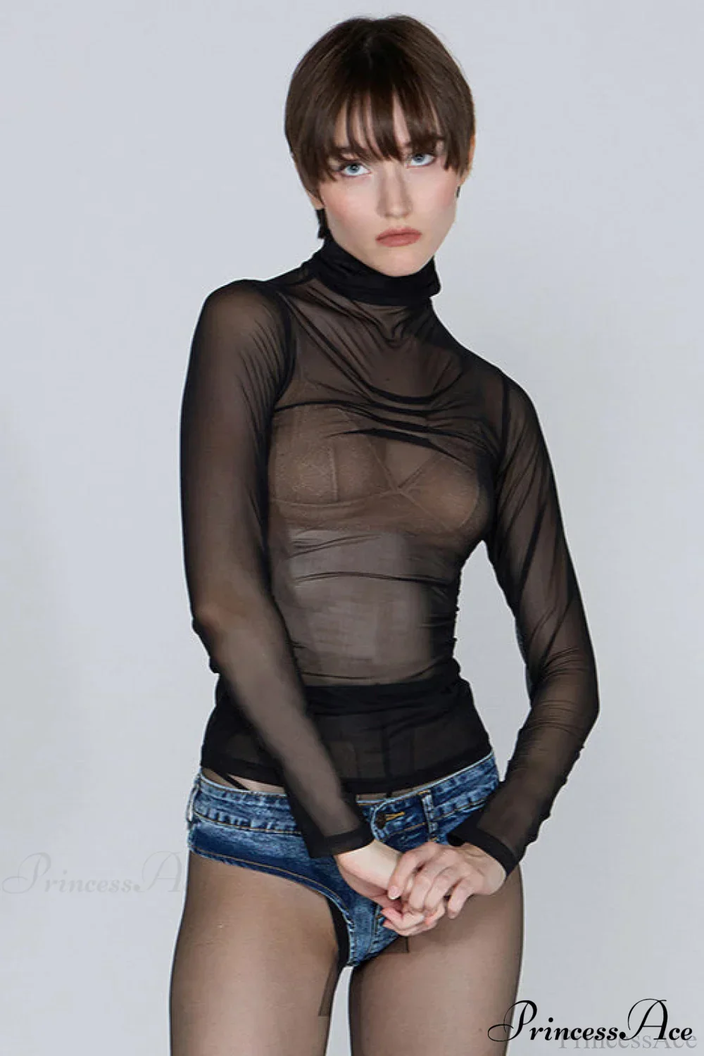 Sheer Solid Turtleneck Long Sleeve Tee - Image 3