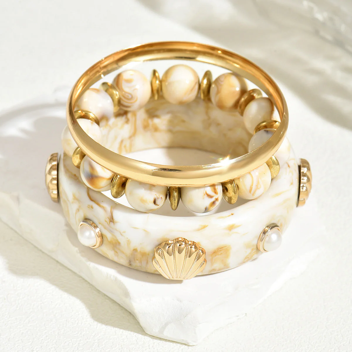 Shell Pearl Resin Bead Boho Layered Bracelet - Image 4