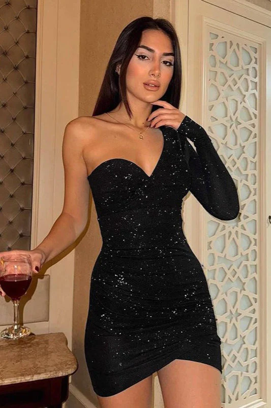 Shimmer One-Shoulder Long Sleeve Ruched Sexy Bodycon Party Dress - Image 5