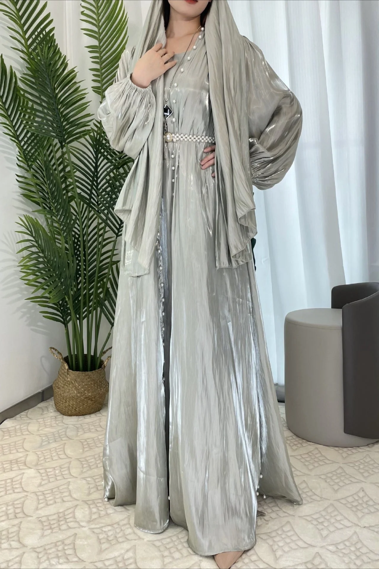 Shimmer Tulle Inner Skirt Outer Skirt Headscarf Three Piece Prom Dress - Image 12