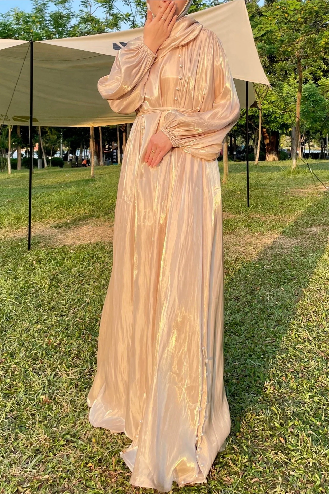 Shimmer Tulle Inner Skirt Outer Skirt Headscarf Three Piece Prom Dress - Image 9