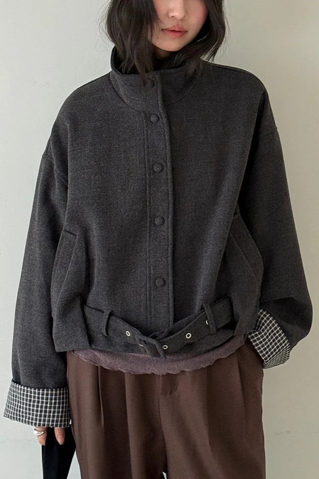 Short Cuffed Check Pieced Stand Collar Wool Coat - Image 2