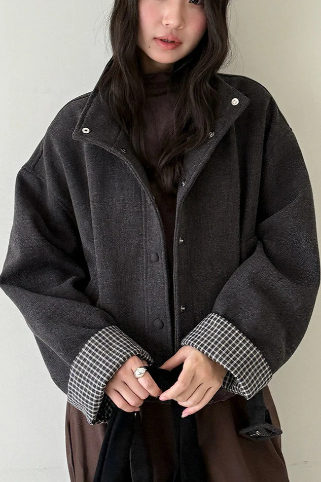 Short Cuffed Check Pieced Stand Collar Wool Coat - Image 3