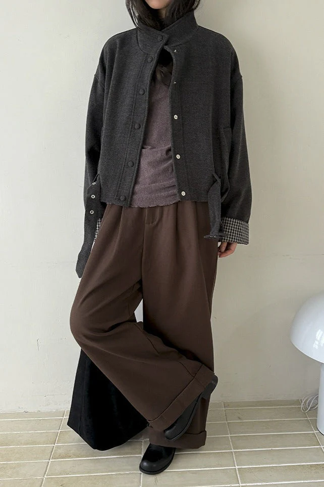 Short Cuffed Check Pieced Stand Collar Wool Coat - Image 4