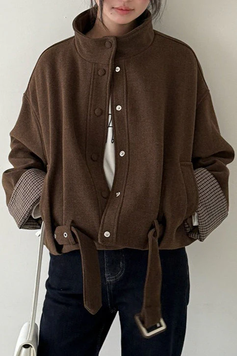 Short Cuffed Check Pieced Stand Collar Wool Coat - Image 5