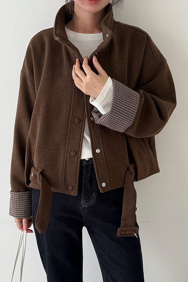 Short Cuffed Check Pieced Stand Collar Wool Coat - Image 6
