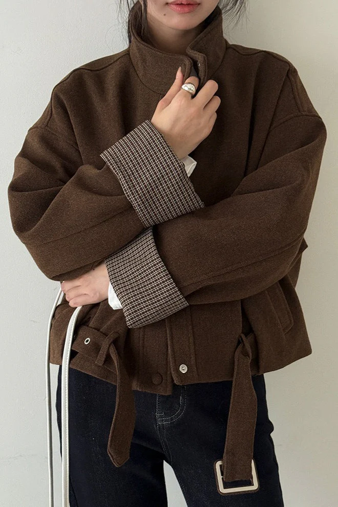 Short Cuffed Check Pieced Stand Collar Wool Coat - Image 7