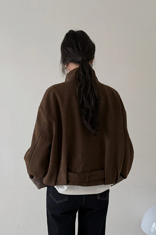 Short Cuffed Check Pieced Stand Collar Wool Coat - Image 8