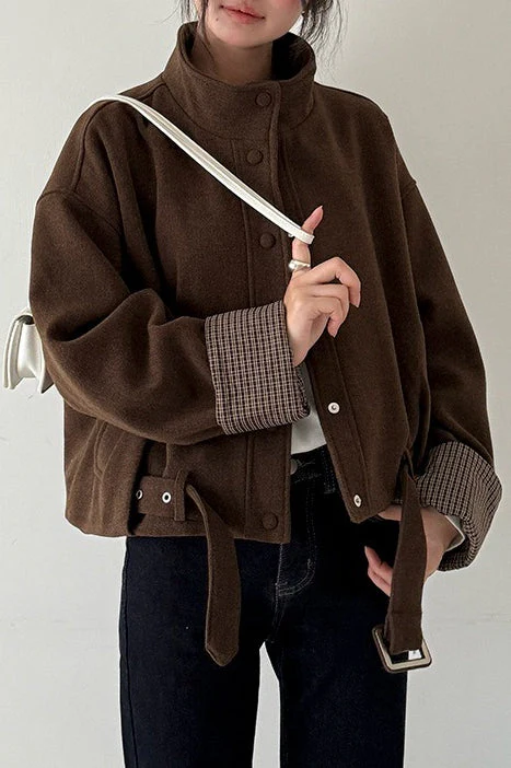 Short Cuffed Check Pieced Stand Collar Wool Coat - Image 9
