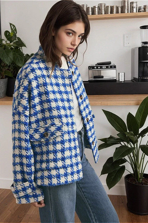 Short Houndstooth Chic Loose Casual Coat - Image 3