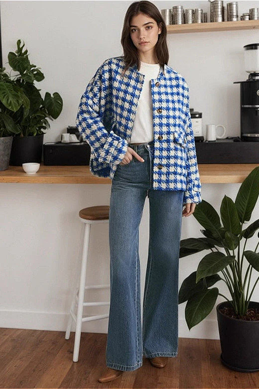 Short Houndstooth Chic Loose Casual Coat - Image 4