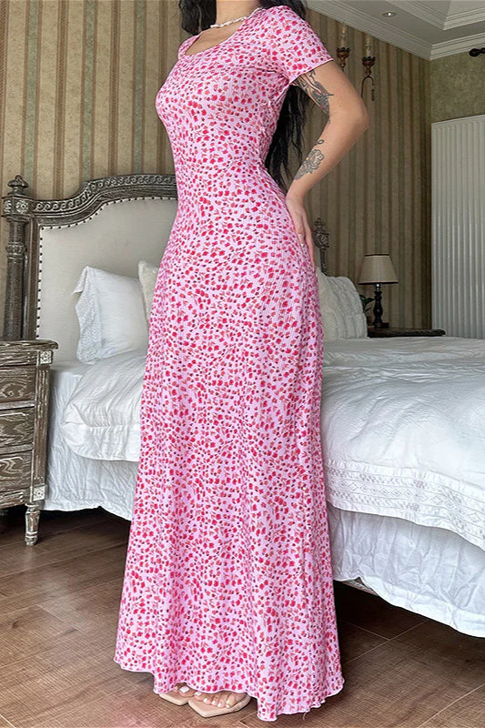 Short Sleeve U Neck Back Strap Floral Dress - Image 2