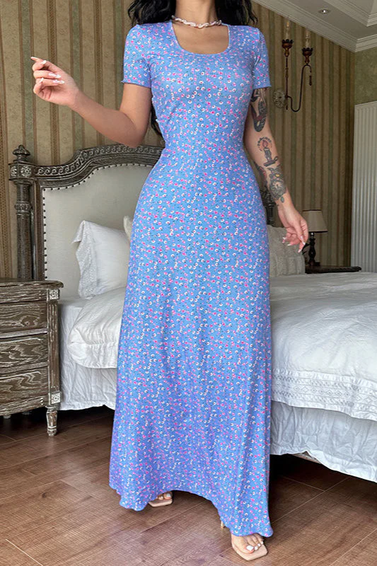 Short Sleeve U Neck Back Strap Floral Dress - Image 8