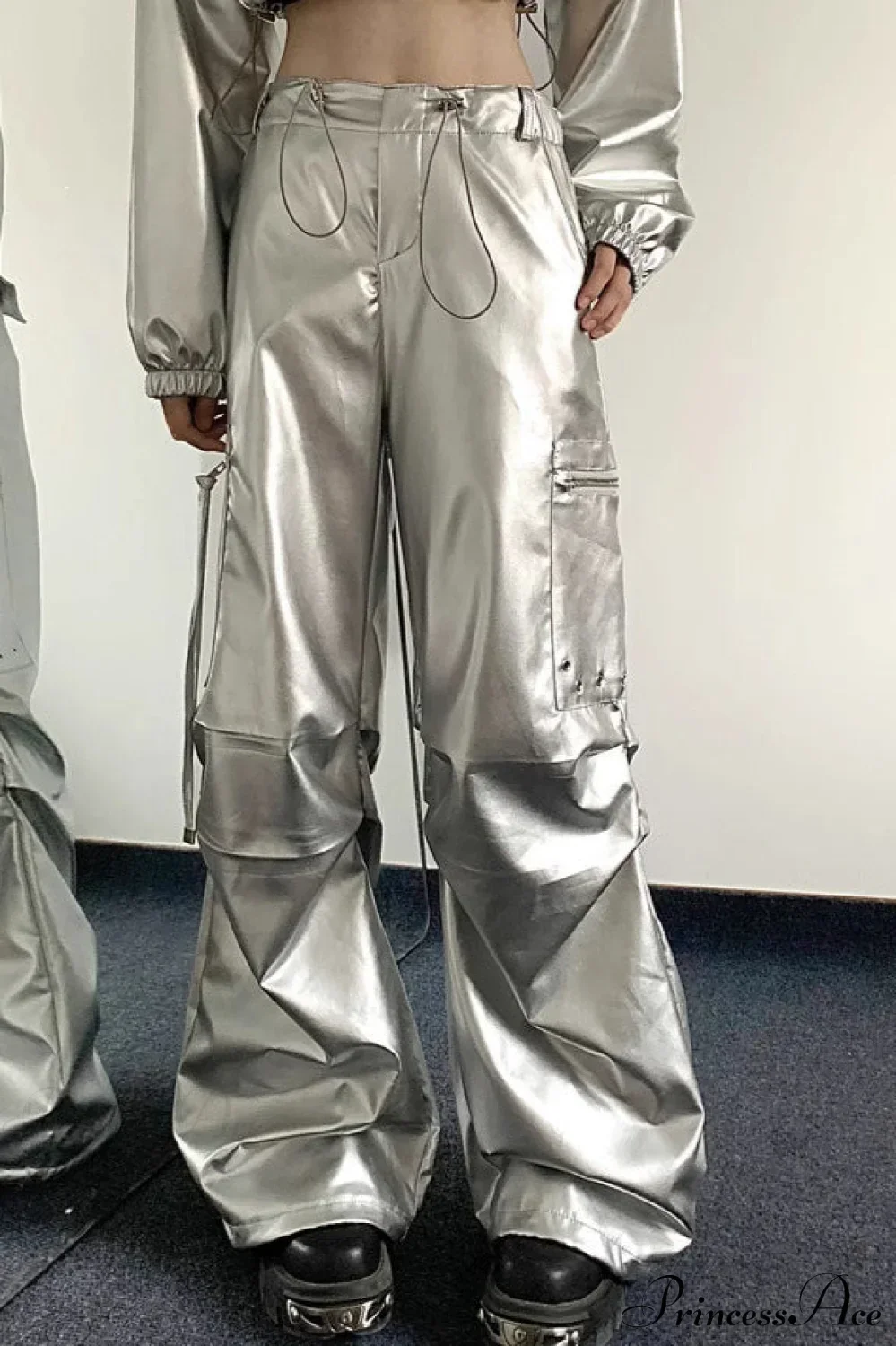 Silver Cuffed High Waist Cargo Pants - Image 2