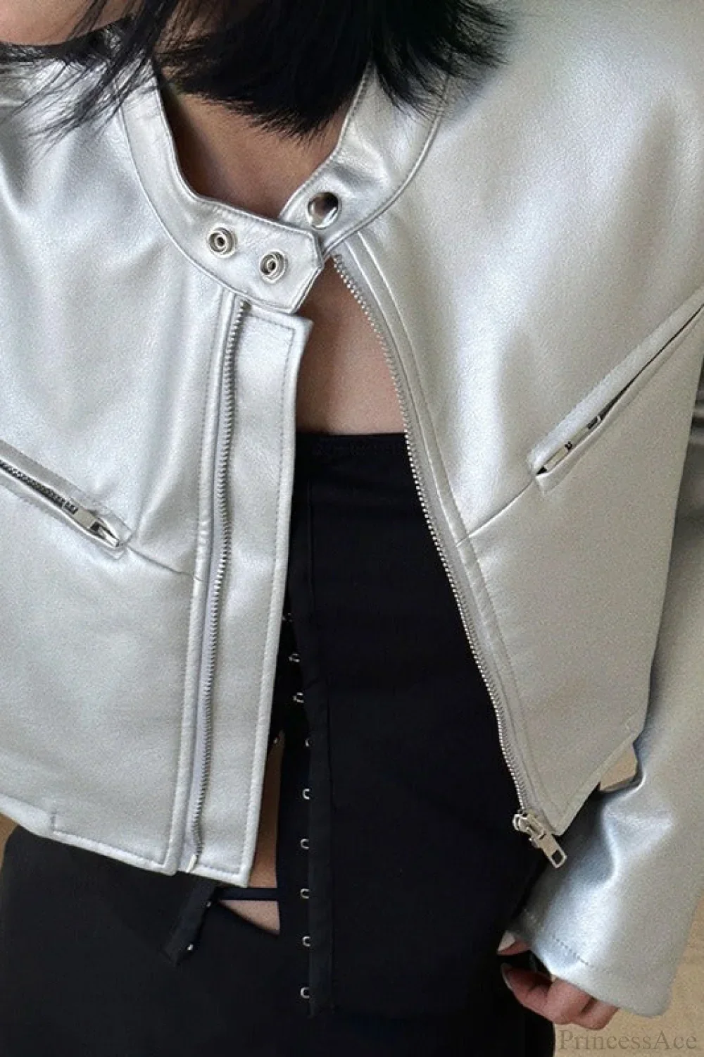 Silver Funnel Neck Snap Leather Short Jacket - Image 4