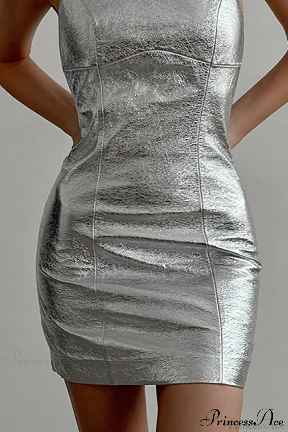 Silver Futuristic PU Leather Crew Neck Fitted Mini Dress - Image 2