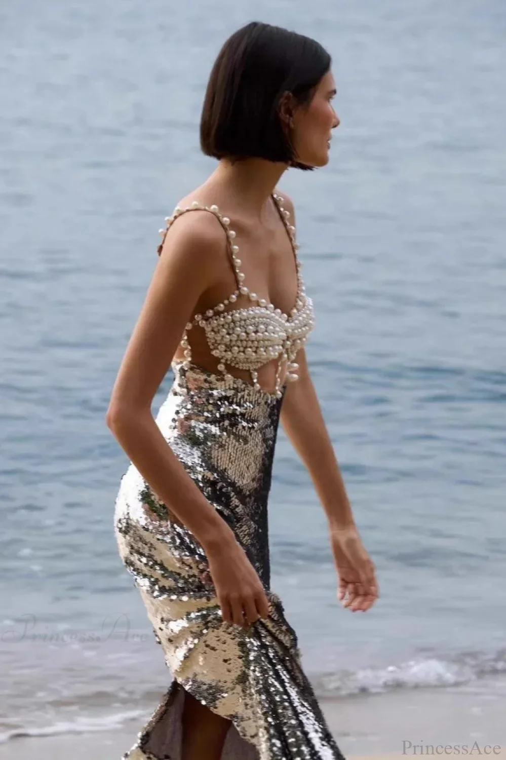 Silver Sequin Sexy Halter Backless Evening Dress - Image 2