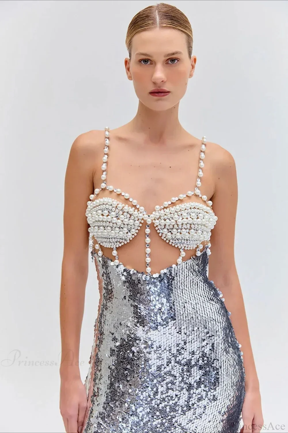 Silver Sequin Sexy Halter Backless Evening Dress - Image 4