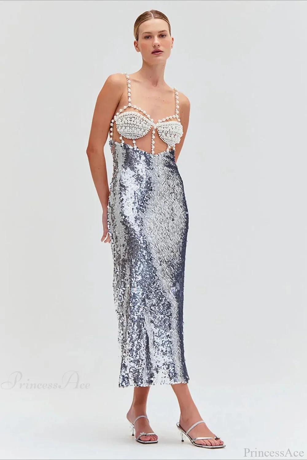 Silver Sequin Sexy Halter Backless Evening Dress - Image 5