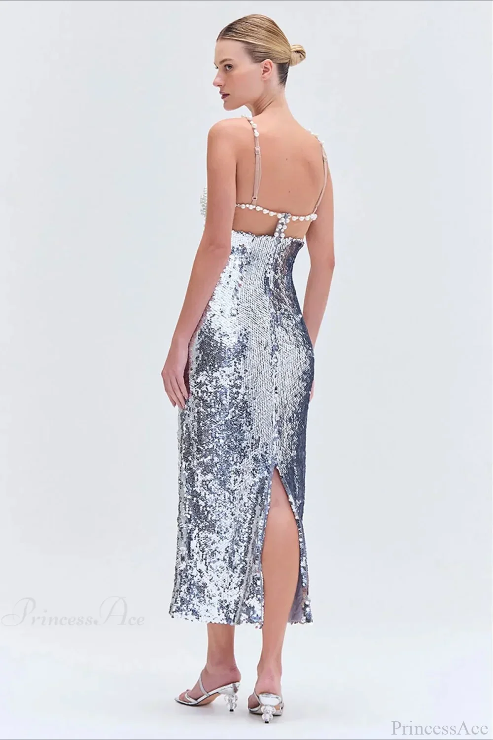 Silver Sequin Sexy Halter Backless Evening Dress - Image 6