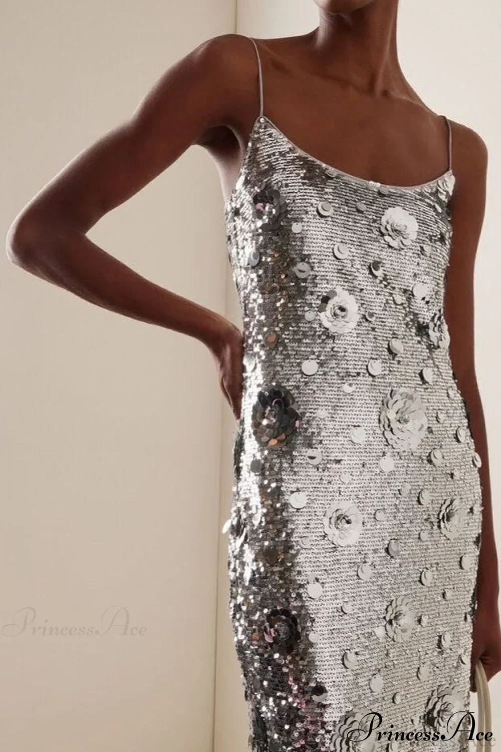 Silver Sequin Sunflower Halter Bodycon Party Dress - Image 3