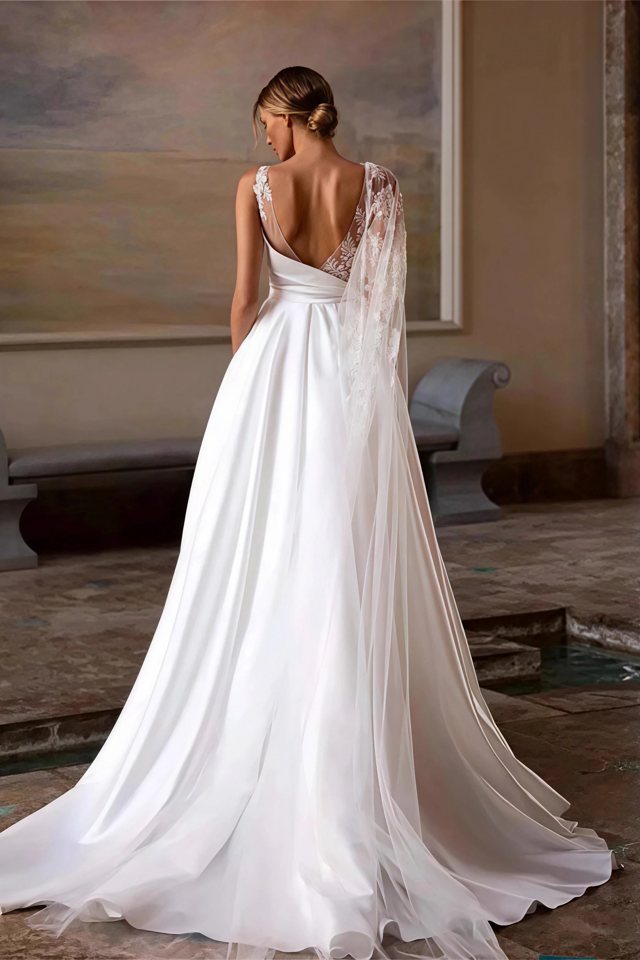 Simple Asymmetrical Shoulder Mesh Applique Train Wedding Dress - Image 3