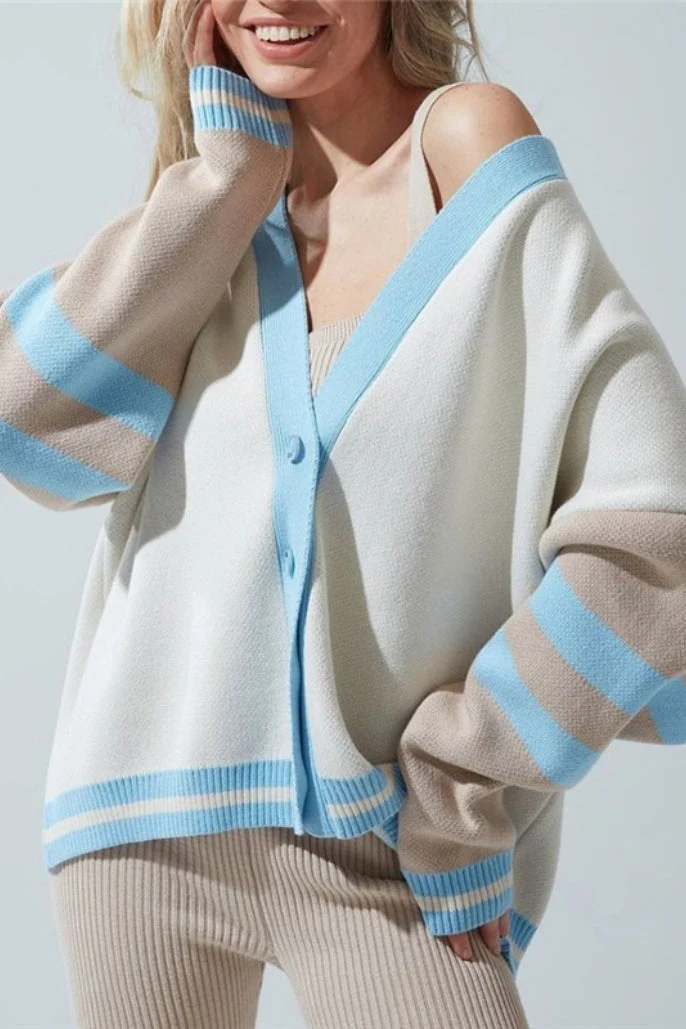 Simple Color Block Striped Relaxed Knit Cardigan - Image 10