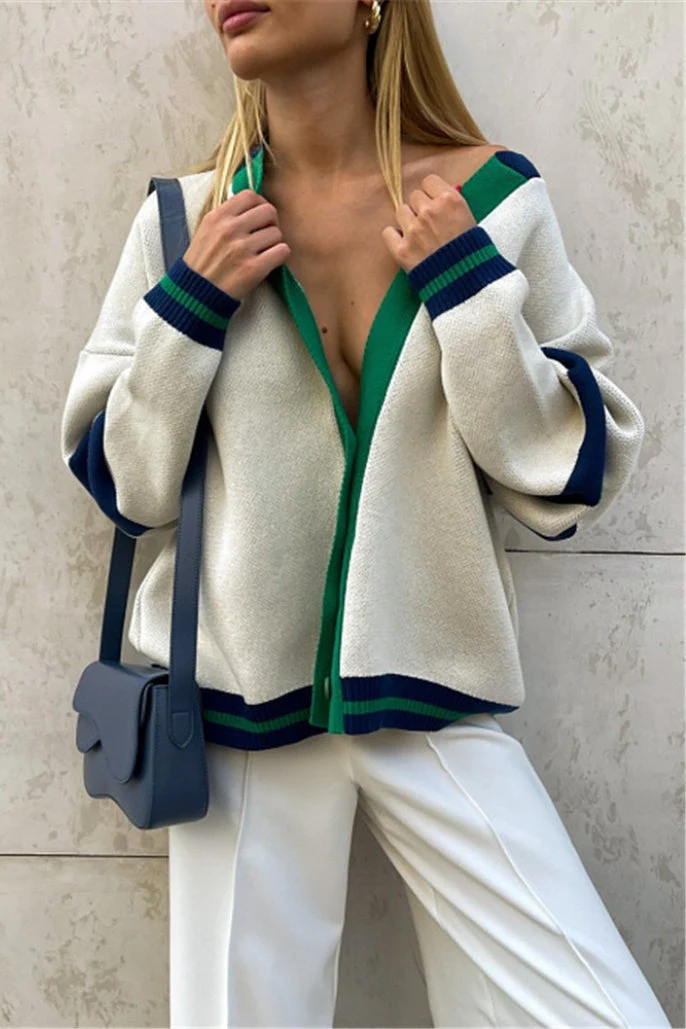 Simple Color Block Striped Relaxed Knit Cardigan - Image 3