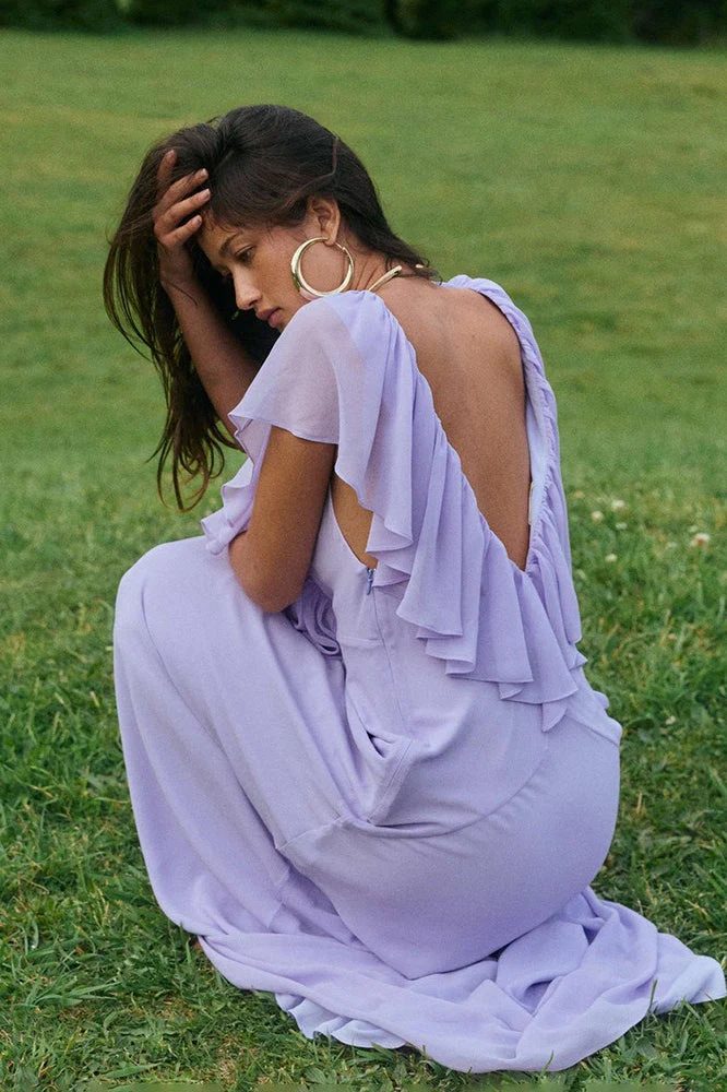 Simple Deep V Ruffle Solid Elegant Maxi Dress - Image 2