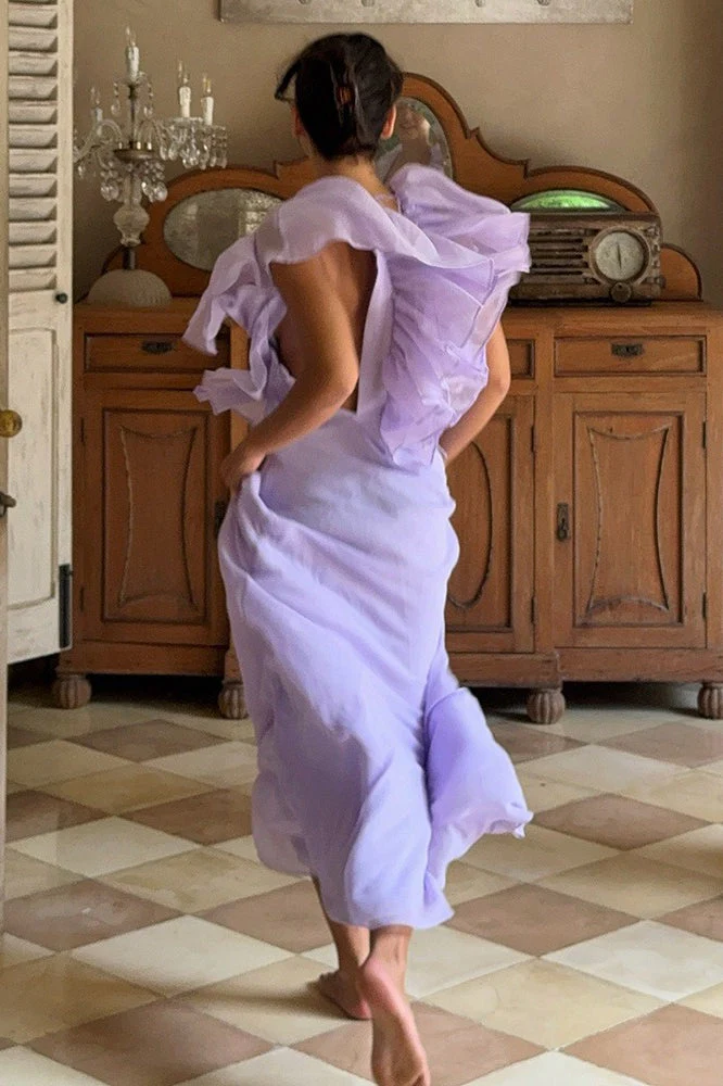 Simple Deep V Ruffle Solid Elegant Maxi Dress - Image 3