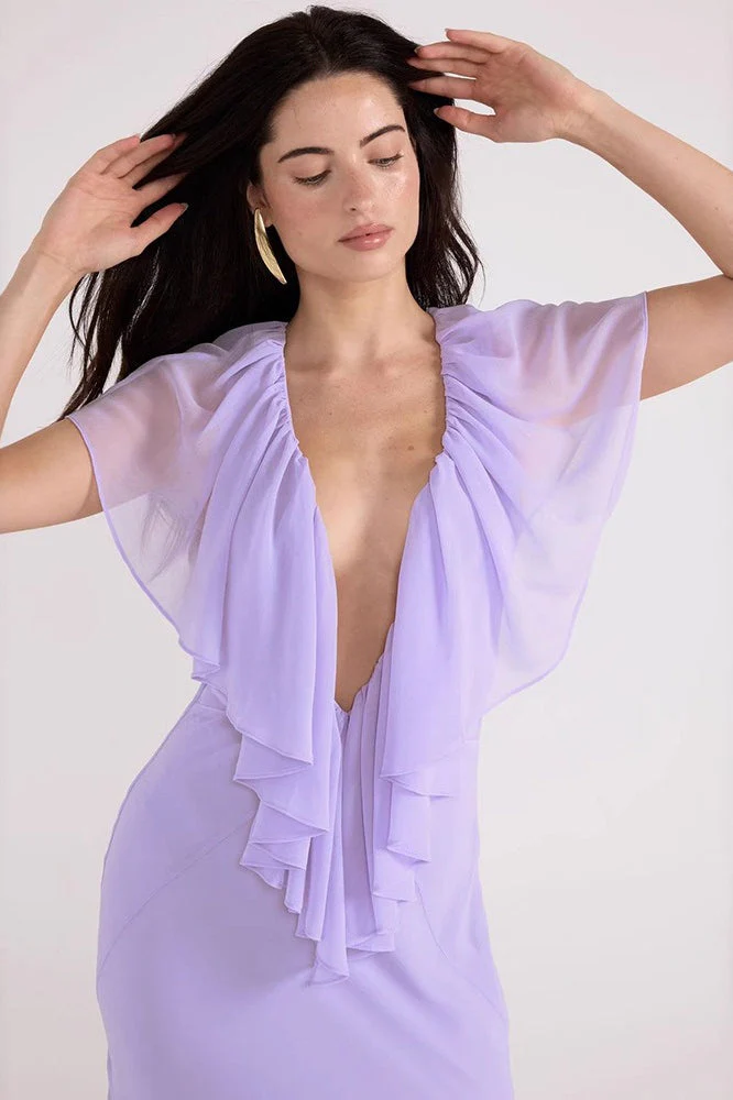Simple Deep V Ruffle Solid Elegant Maxi Dress - Image 5