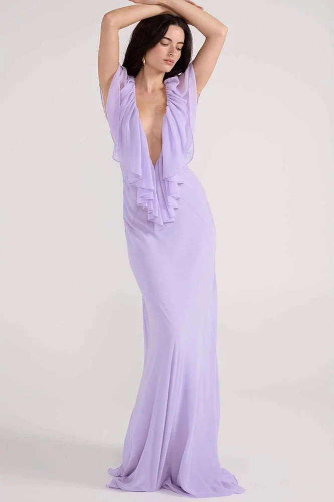 Simple Deep V Ruffle Solid Elegant Maxi Dress - Image 6