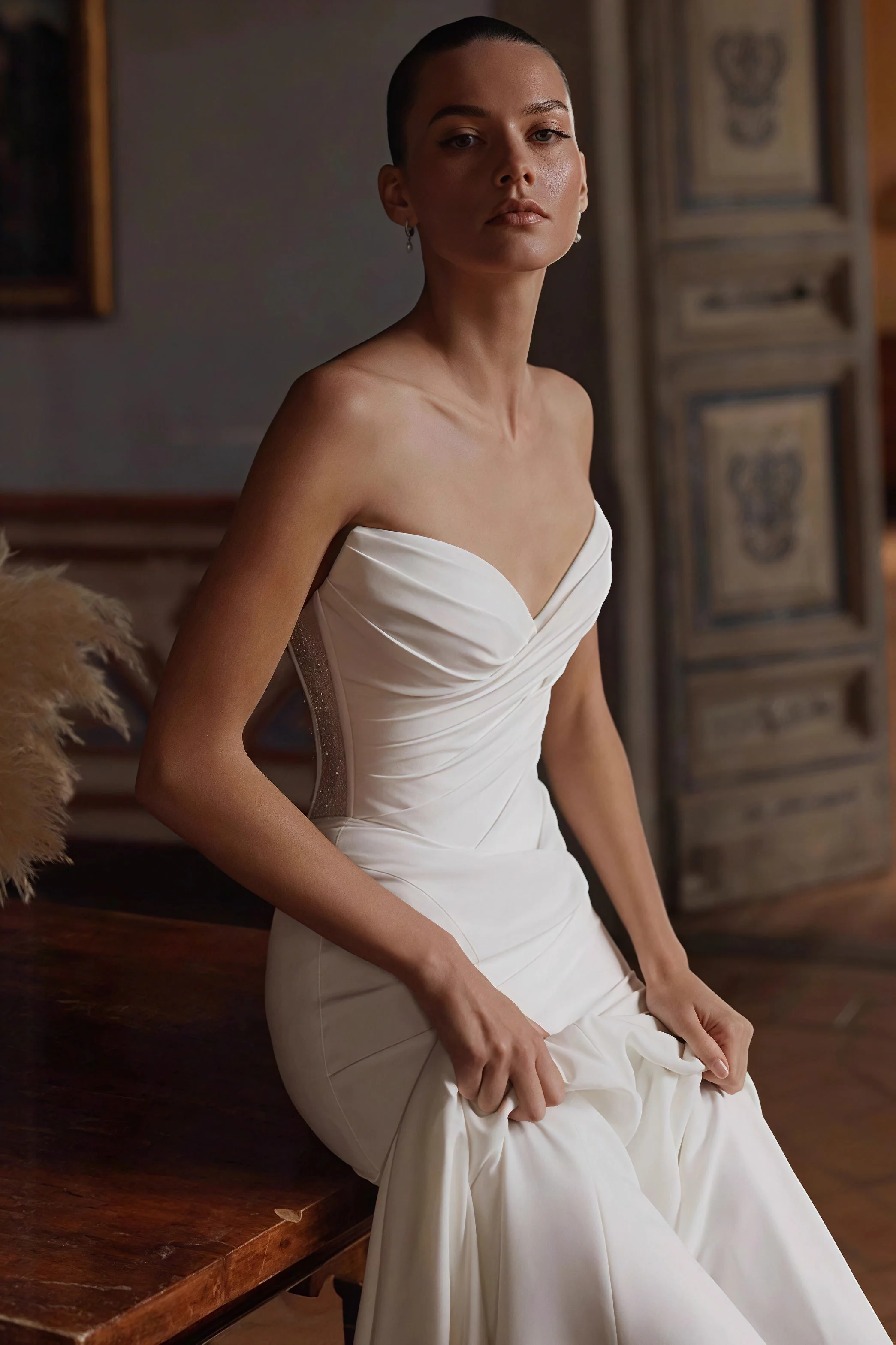 Simple Deep V Strapless Mermaid Train Wedding Dress - Image 3