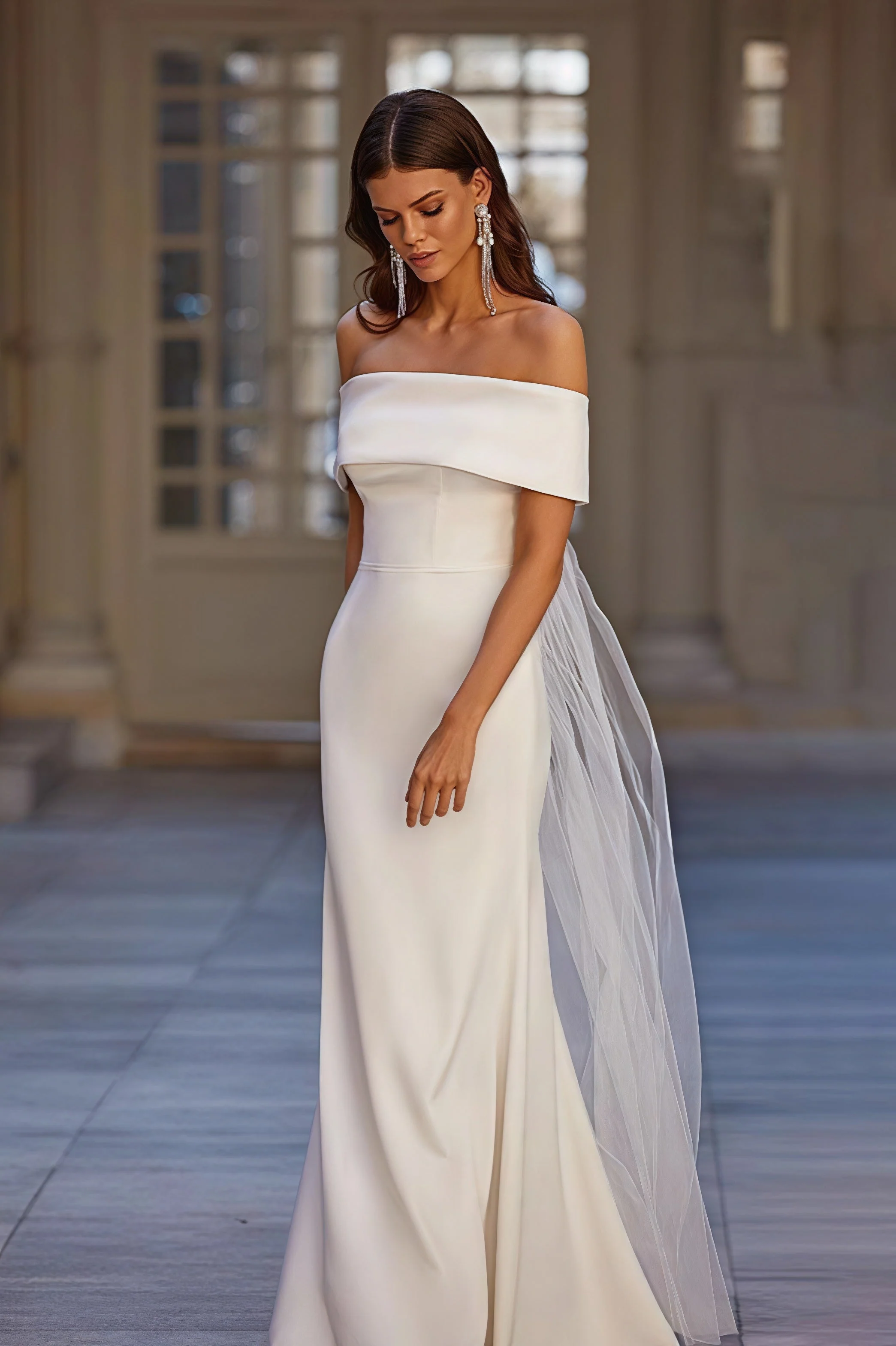 Simple Off Shoulder Mesh Sash Wedding Dress - Image 2