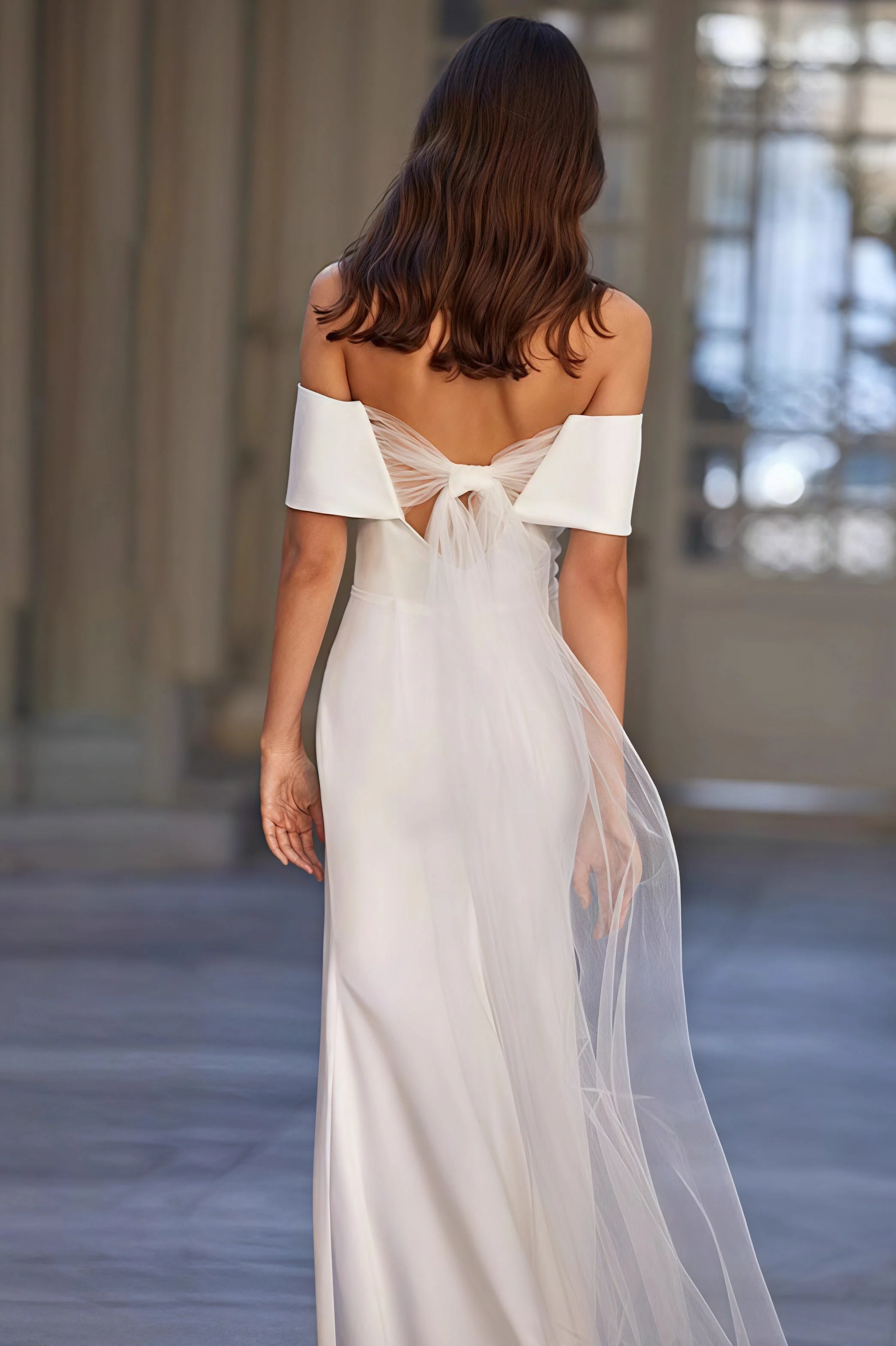 Simple Off Shoulder Mesh Sash Wedding Dress - Image 3