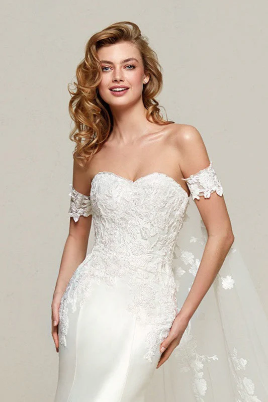 Simple Off Shoulder Satin Mermaid Detachable Train Wedding Dress - Image 3