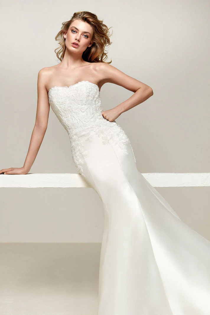 Simple Off Shoulder Satin Mermaid Detachable Train Wedding Dress - Image 4