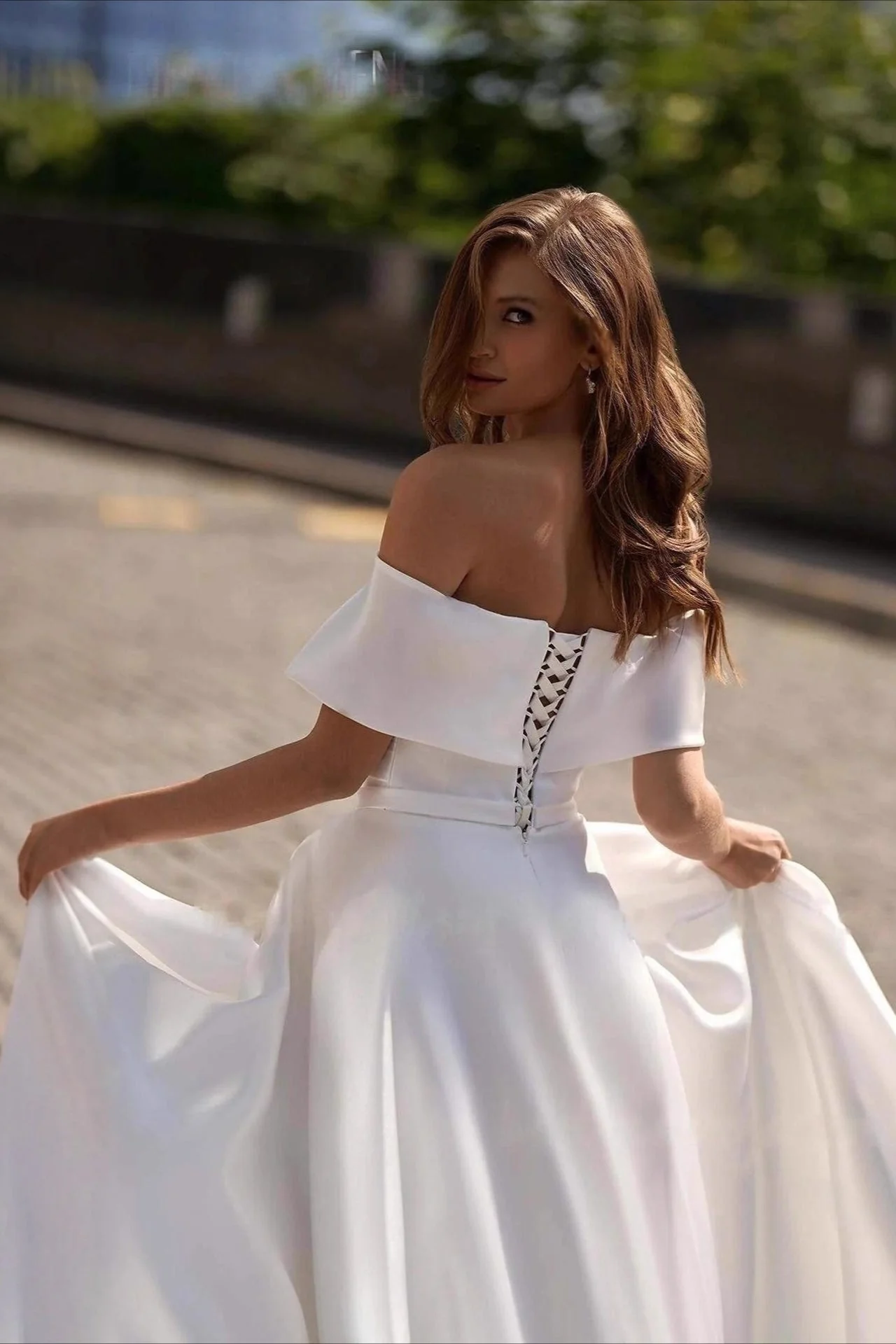 Simple Satin Cross Off Shoulder Train Wedding Dress - Image 3