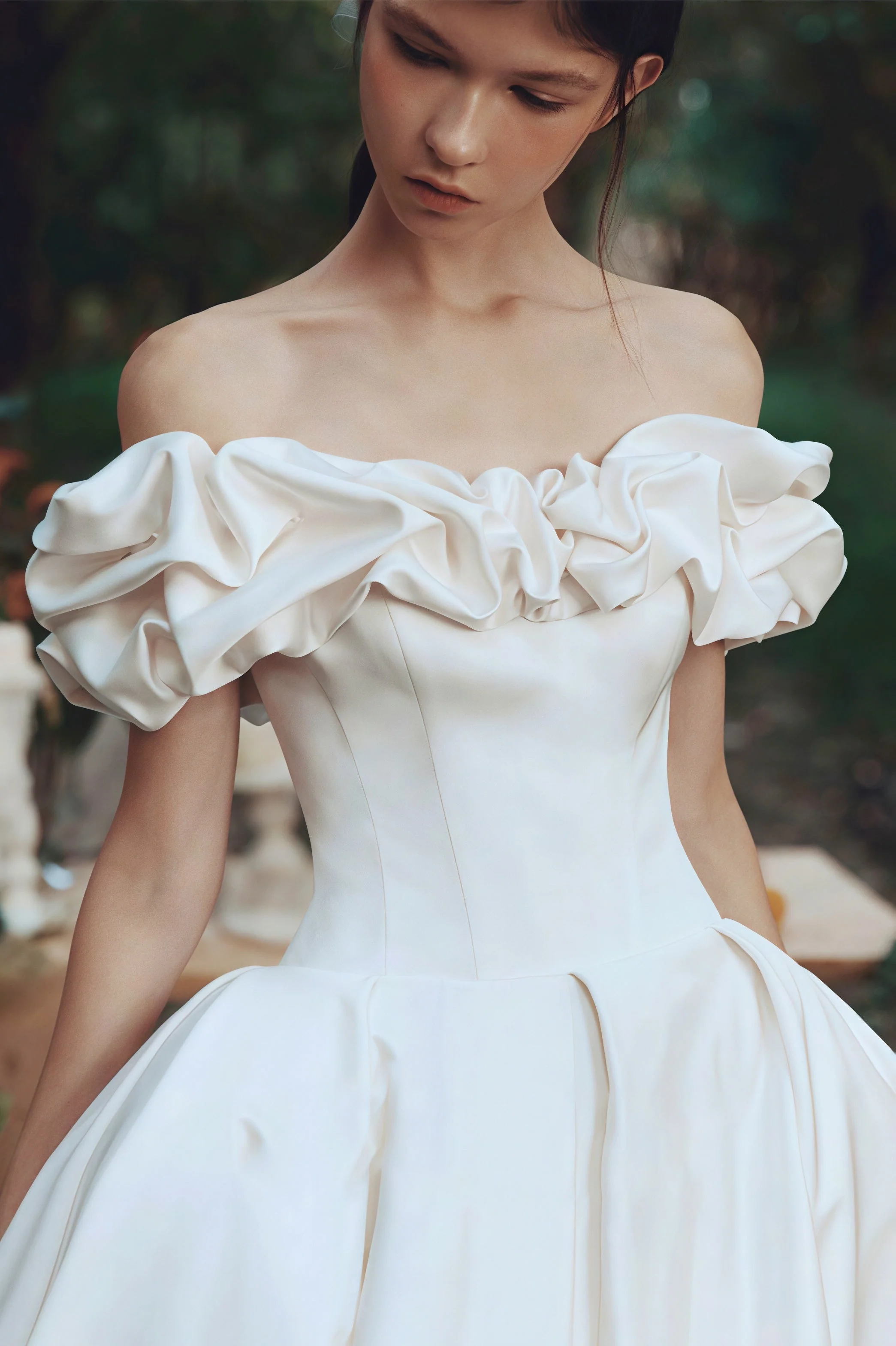 Simple Satin Off Shoulder Train Wedding Dress - Image 2