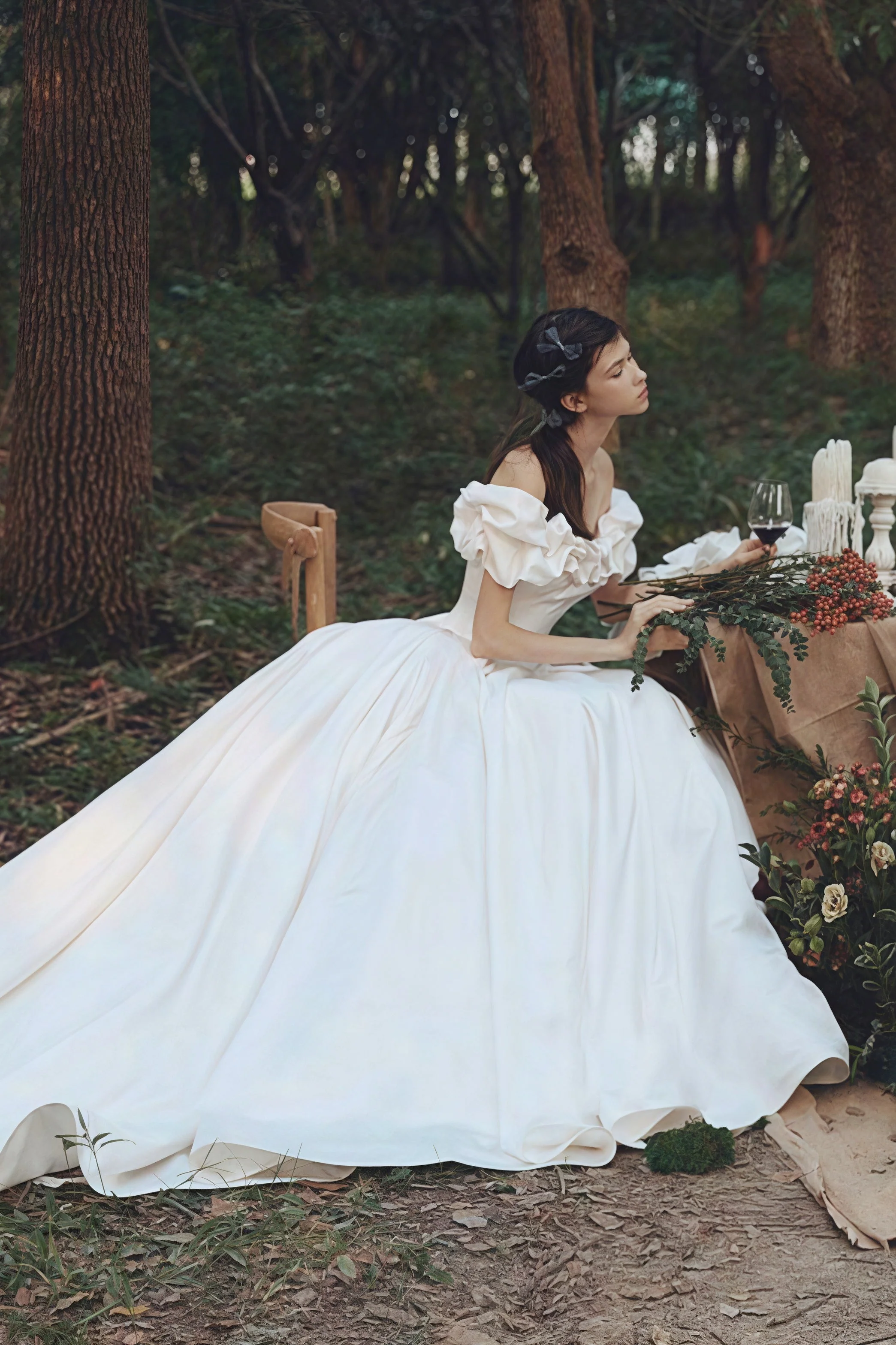 Simple Satin Off Shoulder Train Wedding Dress - Image 3