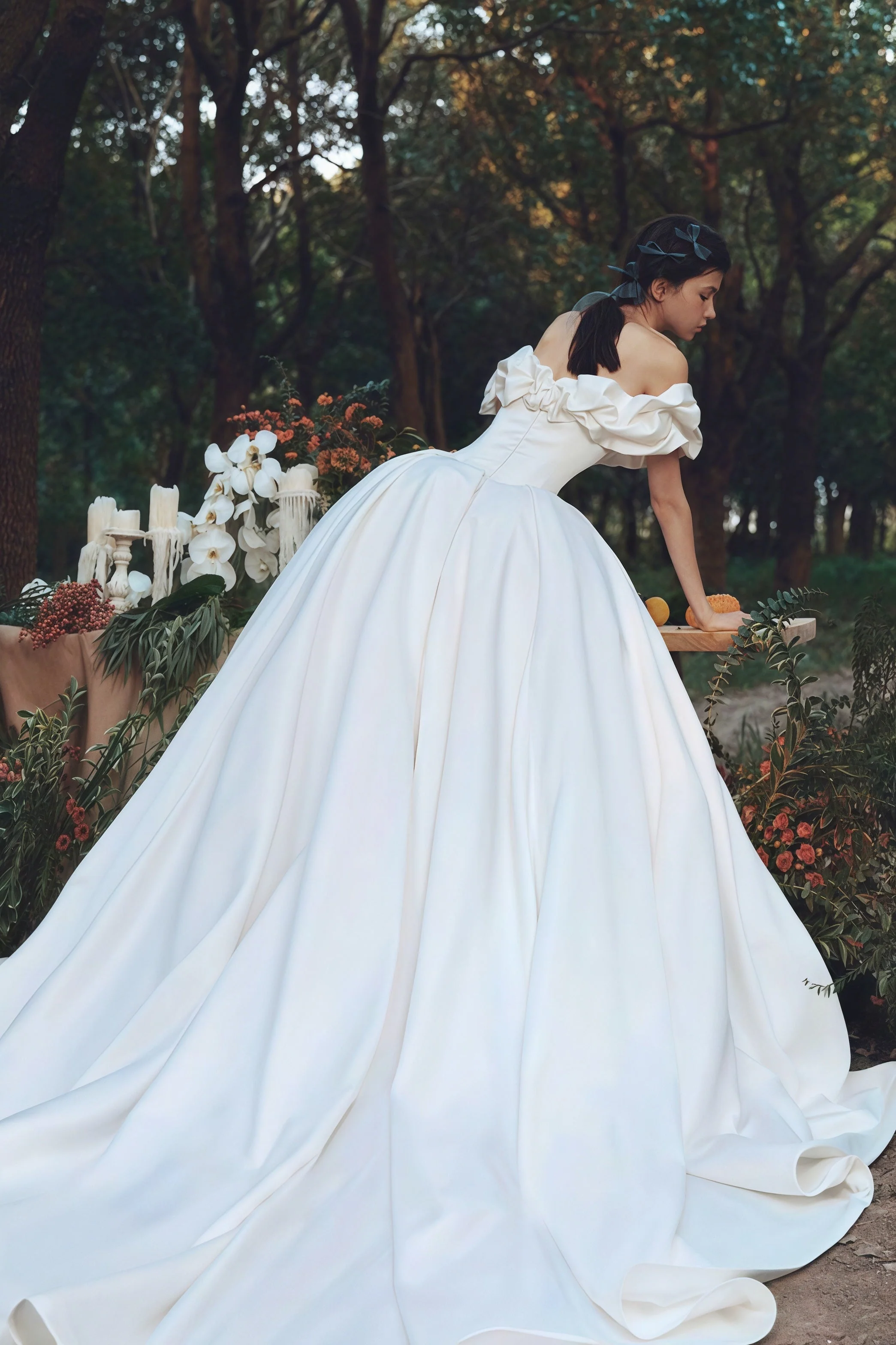 Simple Satin Off Shoulder Train Wedding Dress - Image 4