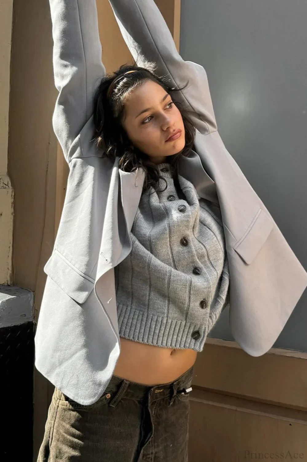 Simple Solid Rib Crewneck Oversized Cardigan Sweater - Image 2