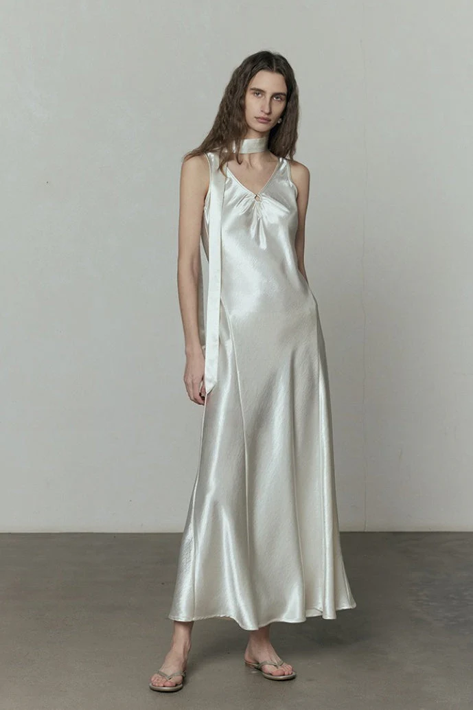 Simple Solid Satin V Neck Loose Maxi Dress - Image 2