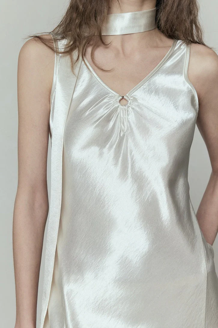 Simple Solid Satin V Neck Loose Maxi Dress - Image 4