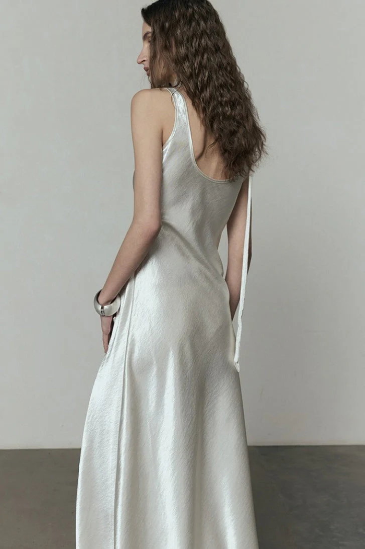 Simple Solid Satin V Neck Loose Maxi Dress - Image 5